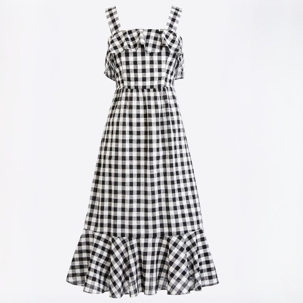 NWT J. Crew Factory Black and White Gingham Dress with Ruffle Hem